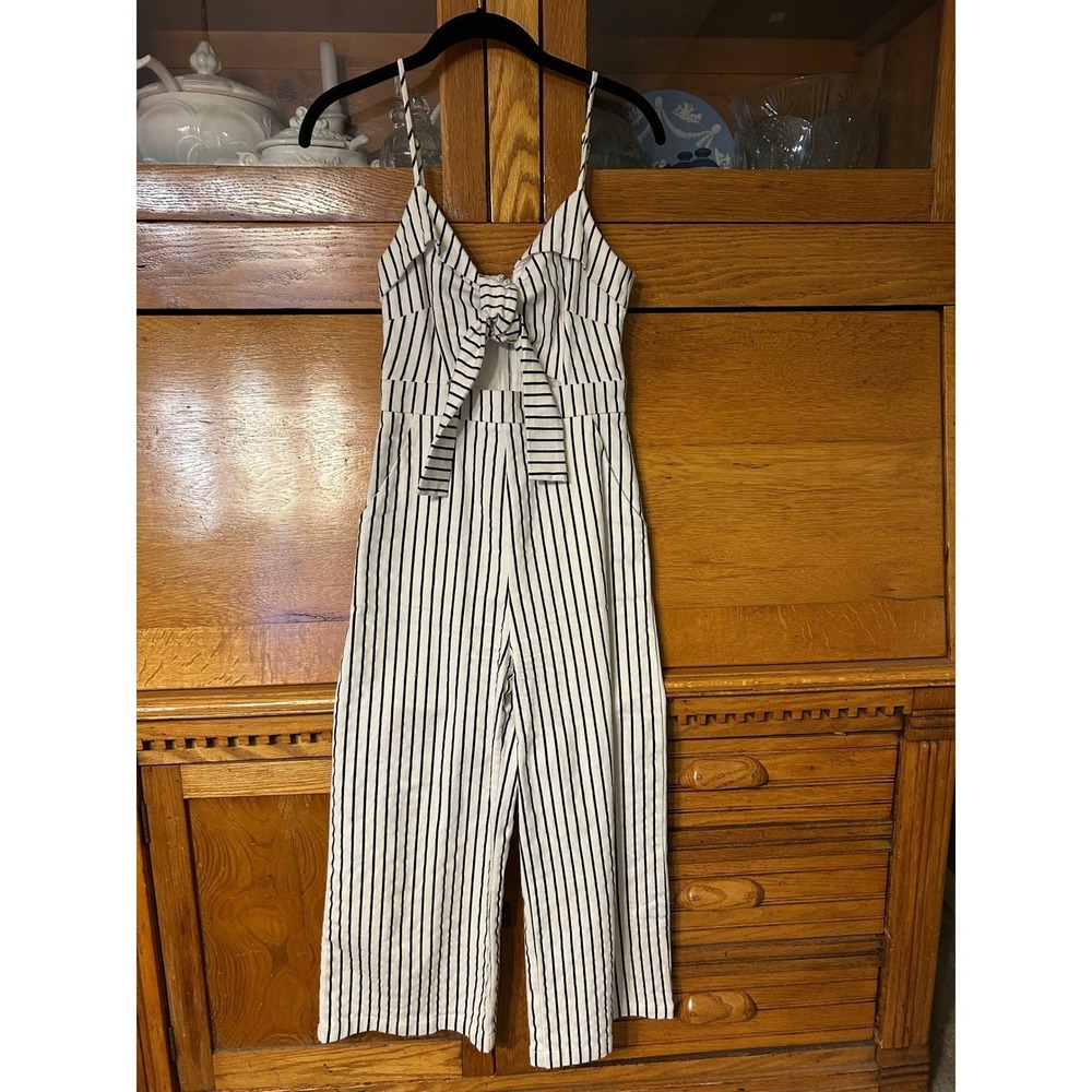 Nautical Boho Chic Striped Tie Front Wide Leg Jumpsuit Beach Feminine Romantic